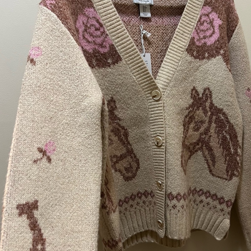 Anthropologie Haute Hippie Horse & Rose Fair Isle Knit Cardigan Cream & Pink NWT - Picture 5 of 13